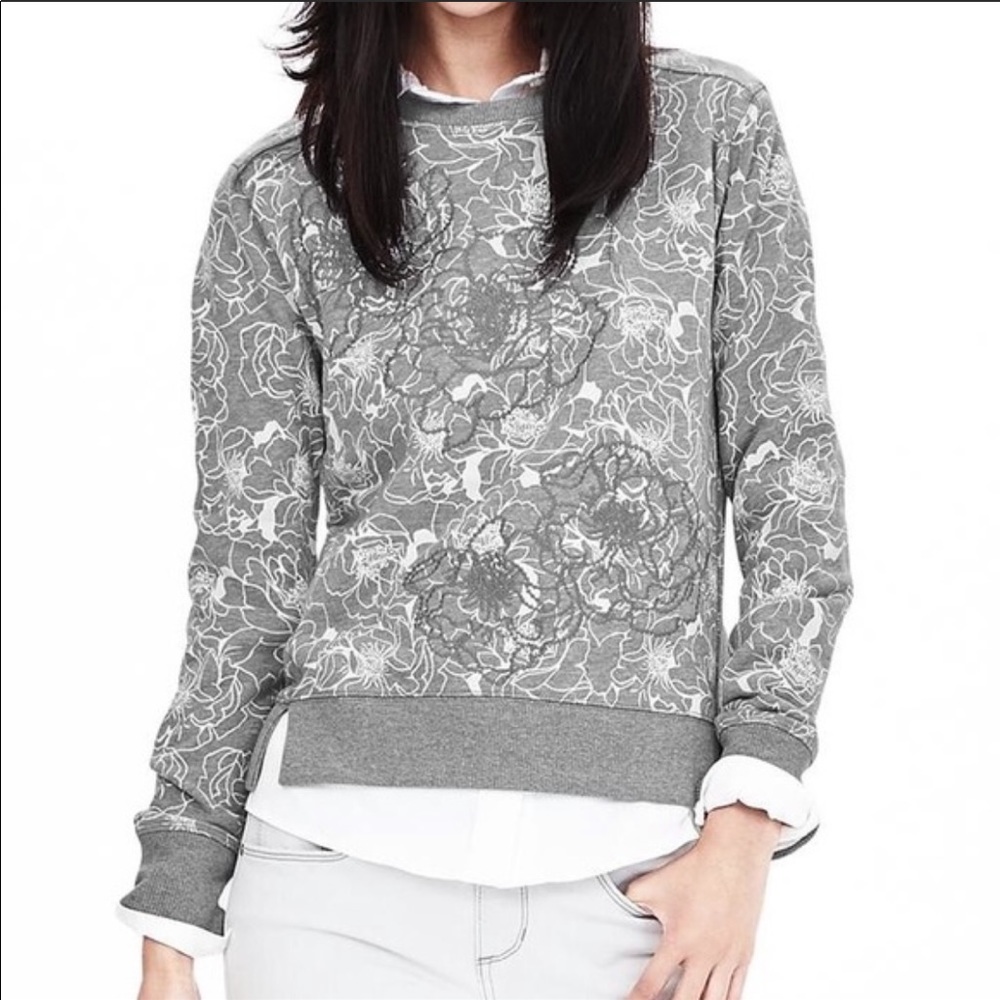 Banana Republic Gray Floral Appliqué French Terry Sweatshirt Crewneck Small